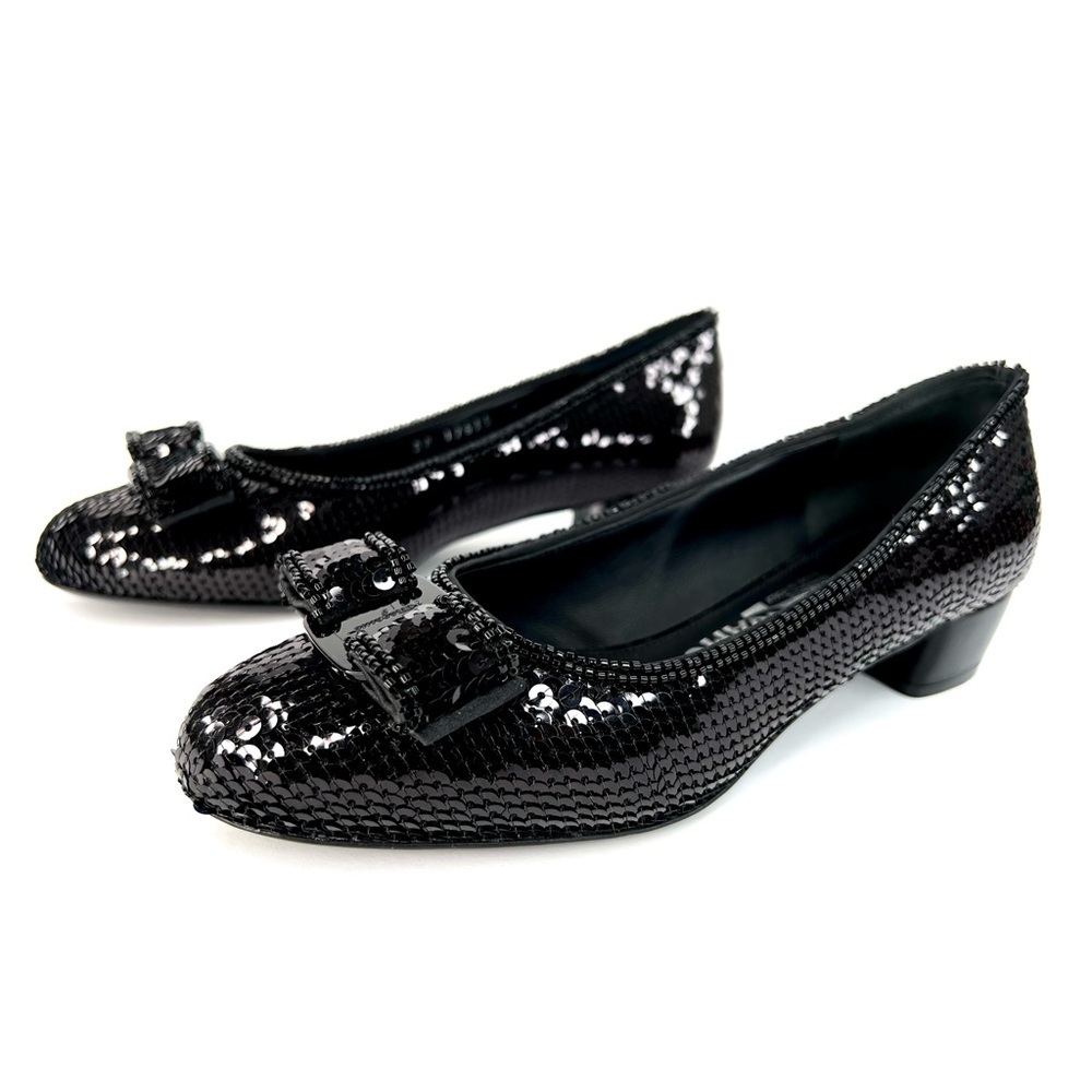 SALVATORE FERRAGAMO Vara Bow Black Sequin Block Heel Ballet Pumps Size 5.5